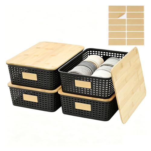 Bagnizer 4 Pack Plastic Storage Bins with Bamboo Lids, 6.2qt Stackable Storage Organizer Box with Lable for Pantry Shelves Drawers Desktop Office, 12"L x 8.3"W x 3.5"H, Black - color: Black, size: Shallow- 4 Pack