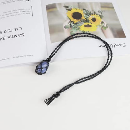 Natural unprocessed crystal raw stone hand woven rope adjustable necklace pendant for both men and women - color: A-Blue Jasper