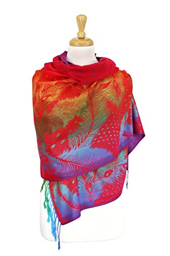 PASKMLNA Double Side Multi Colors Silky Tropical Colorful Exotic Pashmina Wrap Shawl Scarf Rave - color: 050-red Multi Feathers