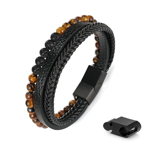 FOCOOG Leather Bead Bracelets for Men, Natural Tiger Eye Lava Rock Stone Bead Magnetic Clasp Adjustable Leather Bracelets Stress Relief Mens Anxiety Bracelet Mens Jewelry Gifts - style: Black Leather-Tiger Eye&Lava Rock