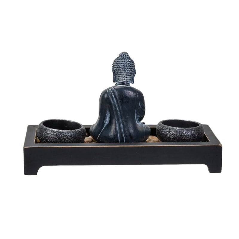 Pacific Giftware Meditation Zen Garden Set with Black Buddha Figurine Two Tea Light Holders Rock Decorative Wood Display Tray Perfect for Table Decor Meditation Yoga 8" x 6"
