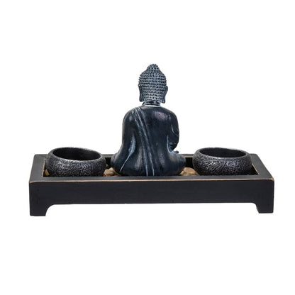 Pacific Giftware Meditation Zen Garden Set with Black Buddha Figurine Two Tea Light Holders Rock Decorative Wood Display Tray Perfect for Table Decor Meditation Yoga 8" x 6"