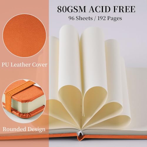 E-WEICHEN Square 5x5 inches 80gsm 96sheets/192 Pages Notebooks Blank Sketchbooks Travel Journal Pocket Hardcover Paint Writing Diary Memo Planner PU Leather Cover. Orange - color: PU Cover-5x5in-Orange