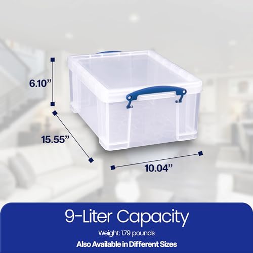 Really Useful Box Stackable 9 Liter Plastic Storage Container Bin with Snap Lid and Built-in Clip Lock Handles for Home & Office Organization (3 Pack)