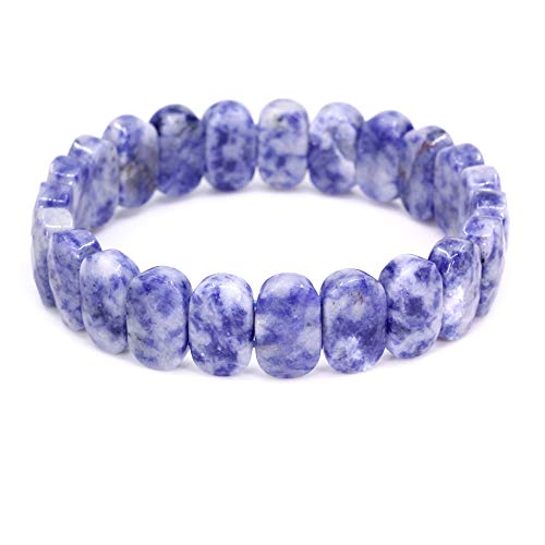 Keleny Semi Precious Stones 14mm Faceted Oval Beads Crystal Rock Elastic Bangle 7.5 Inch - color: Blue Spot Jasper