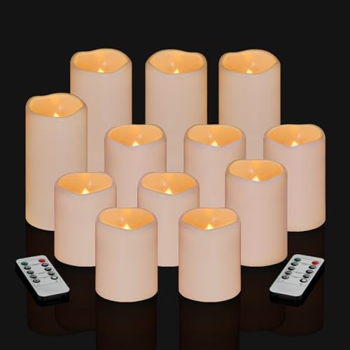 Flameless Candles 4" 5" 6" Outdoor Indoor Pillars Battery Operated Flickering Candles Include 10-Key Remote Timer 400+ Hours by 2 AA Batteries (Ivory Candle - Warm light, 3"D x 4"|5"|6" H - 12 Pack) - color: Ivory Candle - Warm light, size: 3"D x 4"|5"|6"