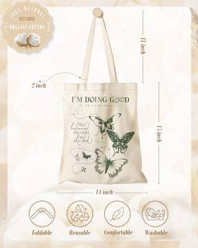 Miss Adola Aesthetic Canvas Tote Bag - Reusable Shoulder Tote Bag for Women Lady Casual Vacation, Shopping, Work, Gym - style: Butterfly Verse