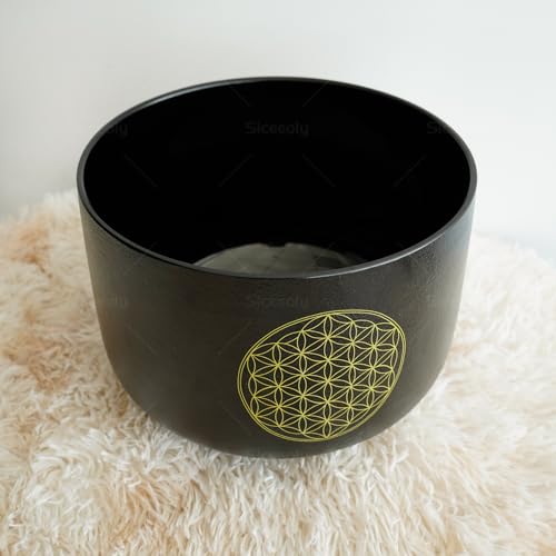 8" C Note Flower of Life Black Crystal Singing Bowl Frosted Quartz Root Base Chakra Meditation Sound Healing with Suede Striker O-ring - size: 8 inch C NOTE