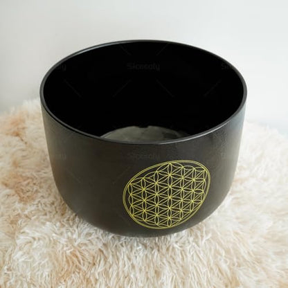 8" C Note Flower of Life Black Crystal Singing Bowl Frosted Quartz Root Base Chakra Meditation Sound Healing with Suede Striker O-ring - size: 8 inch C NOTE