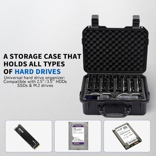 Hard Drive Case 3.5inch 10-Bay Multi-Protection HDD Storage Box Suitcase with Foam External Hard Drive Carrying Case Anti-Static Shock Moisture Proof for HDD/SSD/M.2