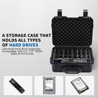 Hard Drive Case 3.5inch 10-Bay Multi-Protection HDD Storage Box Suitcase with Foam External Hard Drive Carrying Case Anti-Static Shock Moisture Proof for HDD/SSD/M.2