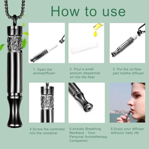 Anxiety Relief Pendant Mindfulness Breathing Necklace - Essential Oil Diffuser & Personal Inhaler Aromatherapy Necklaces for Women & Men (Black) - color: Black