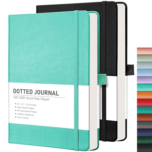 RETTACY Dotted Journal Notebook, 2-Pack, 160 Numbered Pages per Pack, A5 Medium Size (5.7'' x 8.3''), 120 GSM Thick Paper, Leather Hardcover, for Journaling, Planning, Tracking (Black & Mint) - color: Black & Mint, style: Dotted