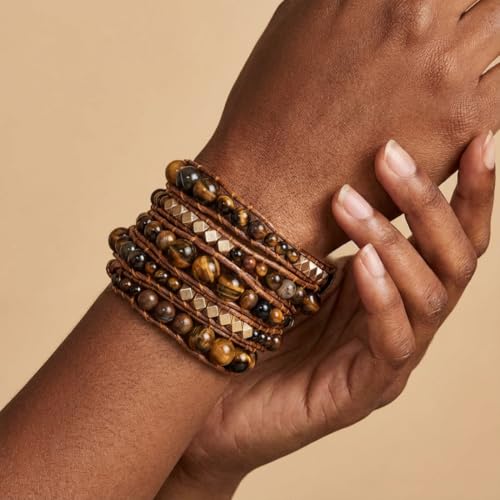 YGLINE Natural Stone Wrap Bracelet for Women Boho Bracelets Healing Crystal Beaded Bracelet Adjustable 3/5 Wraps Bracelet Handmade Birthday Gifts for Women - color: tiger eye-5w