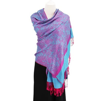 Silky Paisley Pashmina Shawl Scarf-Women's Soft Double-side Jacquard Pashminas Wrap for Evening Dress Travel Shawl - color: A-blue/Fuchsia
