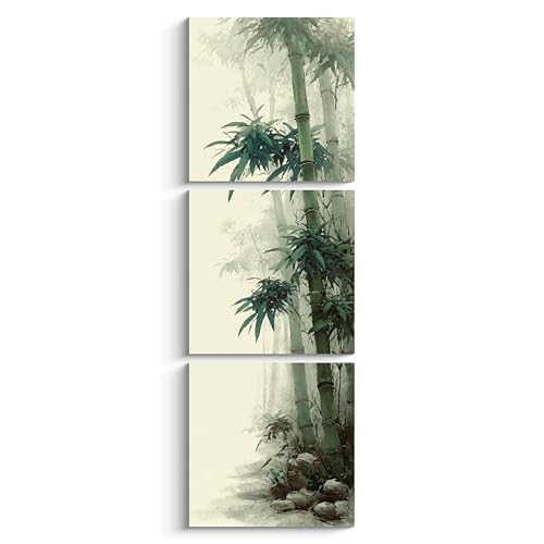 NAN Wind 3Pcs Vertical Green Bamboo Wall Art Asian Watercolor Canvas Print Oriental Zen Artwork Traditional Japanese Chinese Style Decor for Living Room Bedroom Meditation Yoga Studio Office - color: Green Bamboo, size: 14x14 inches (3 pieces)