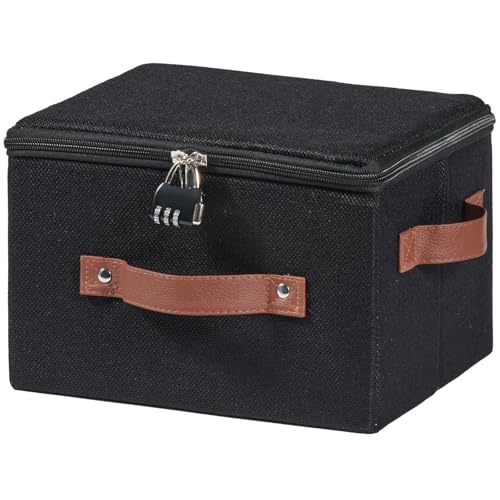 Storage Bins Boxes with Zipper Lid Combination Lock PU Leather Handles Cotton Linen Fabric Lidded Lockable Baskets Foldable Washable Closet Shelf Organizer Container (Black, Small) - color: Black, size: Small ( Set of 1 )