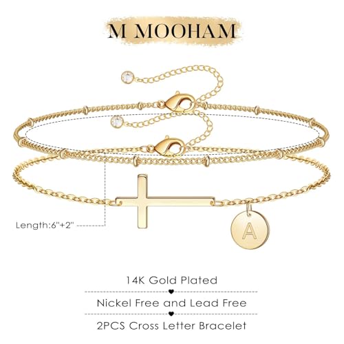 M MOOHAM Layered Initial Cross Bracelets for Women Teen Girls - 14K-Gold-Plated Disc Letter A-Z Cross Bracelet Jewelry Christian Gifts for Women Baptism Confirmation Gift for Teen Girls - color: V