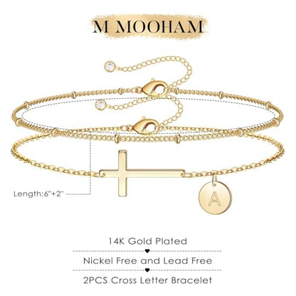M MOOHAM Layered Initial Cross Bracelets for Women Teen Girls - 14K-Gold-Plated Disc Letter A-Z Cross Bracelet Jewelry Christian Gifts for Women Baptism Confirmation Gift for Teen Girls - color: V