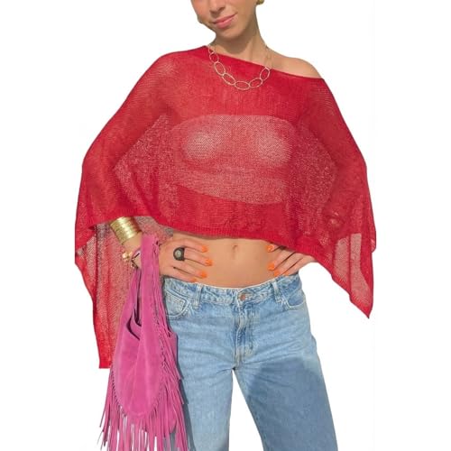 Women Sheer Poncho Top Knit Crochet Lightweight See Through Shawl Summer Shrug Beach Cover Up - color: A1 Red