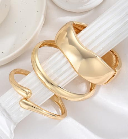 Chunky Gold Bangle Bracelets for Women, Dainty 14k Gold Plated Big Stackable Bangles Set, Trendy Statement Cuff Bracelet Stack Fashion Jewelry Gifts - style: 3 Chunky & thin bangles