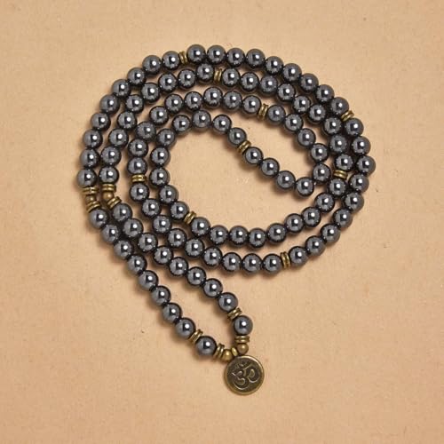 108 Natural Stone Mala Beads Yoga Jewelry Meditation Bracelet Necklace with om Charm - style: Hematite