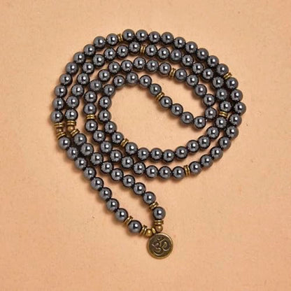 108 Natural Stone Mala Beads Yoga Jewelry Meditation Bracelet Necklace with om Charm - style: Hematite
