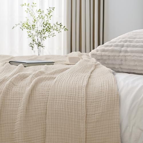 Esterra Muslin Blanket Twin Size Cozy Soft Lightweight Pre-Washed Cotton Blanket, All Season Breathable 4-Layer Gauze Blanket Throw for Couch Bed, Neutral, 66x90 Inches - color: 02 - Neutral, size: Twin (66"x90")