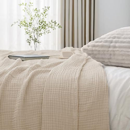 Esterra Muslin Blanket Twin Size Cozy Soft Lightweight Pre-Washed Cotton Blanket, All Season Breathable 4-Layer Gauze Blanket Throw for Couch Bed, Neutral, 66x90 Inches - color: 02 - Neutral, size: Twin (66"x90")