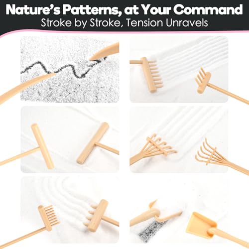 Zen Garden Kit for Desk 12x8in Premium Sand Tray Therapy Kit, Japanese Mini Zen Sand Garden Gift Set, 20 Accessories, Stress Relief Gifts, Meditation Home Office Desk Decor