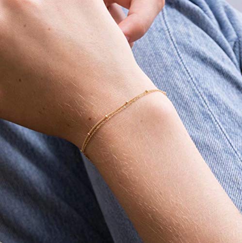 Dainty Gold Bracelets for Women, 14K Gold Plated Adjustable Layered Beads Bracelet Cute Evil Eye Oval Chain Pearl Bar Turtle Gold Bracelets for Women Jewelry