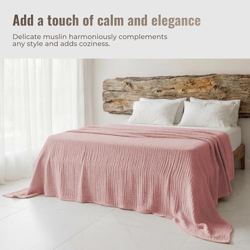 4-Layer Muslin Cotton Queen Bed Blanket (90 x 90 inches) – Ultra Soft Breathable Gauze, Lightweight All-Season Cozy Blanket, Machine Washable – Pink - color: Pink, size: Queen (90 x 90 inches)