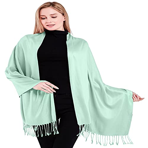 CJ Apparel Solid Color Tassels Design Nepalese Shawl Scarf Wrap Stole Throw Head Wrap Pashmina Gift Hand Made in Nepal New - color: Baby Green