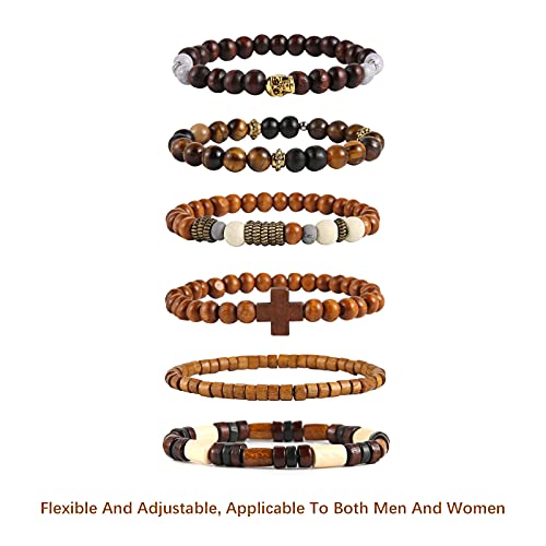 HZMAN Wrap Bracelets Men Women, Hemp Cords Wood Beads Ethnic Tribal Bracelets, Leather Wristbands - style: Skull & Wooden Cross