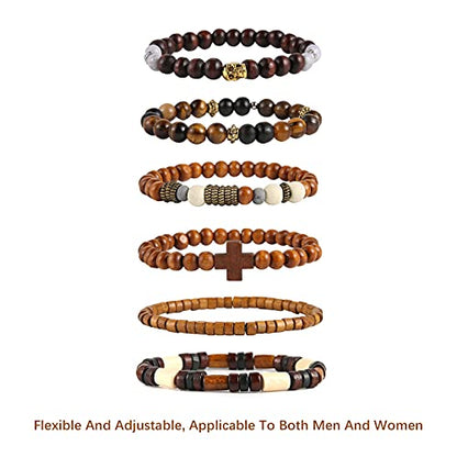 HZMAN Wrap Bracelets Men Women, Hemp Cords Wood Beads Ethnic Tribal Bracelets, Leather Wristbands - style: Skull & Wooden Cross