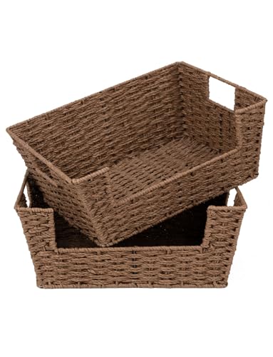 StorageWorks Round Paper Rope Woven Basket for Pantry Organizers and Storage, Stackable Pantry Storage Baskets for Shelves, Brown, 2-Pack - color: Brown, size: 13 ½"L x 10 ¾"W x 5"H