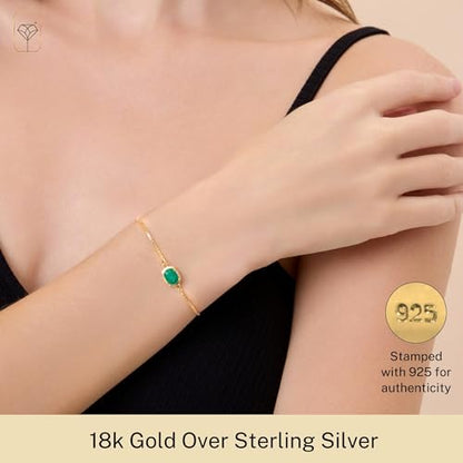 MAX + STONE 18K Gold Over Silver Gemstone Bracelets for Women | Hypoallergenic Birthstone Bracelet | Anti Tarnish Gold Plated Sterling Silver Bracelets for Women - color: Emerald