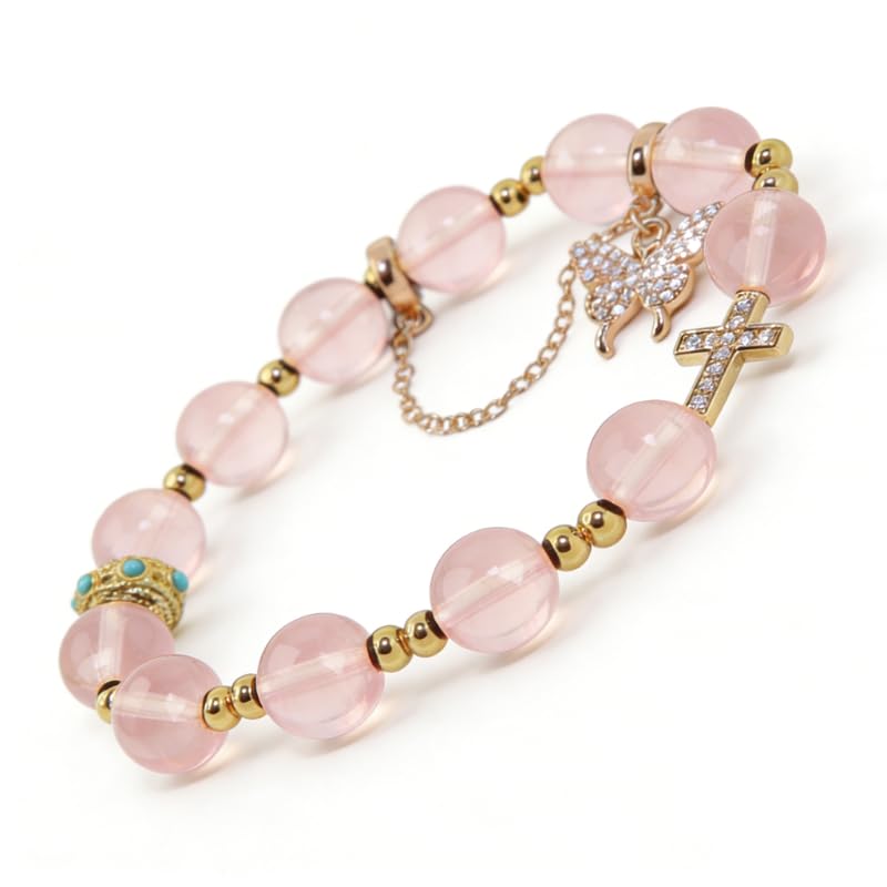 Natural Bead Bracelet 10mm Healing Crystal Bracelet for Women & Men Feng Shui Good Luck Meditation Buddhist Jewelry Handmade Stone Beaded Jewelry for Gift - color: Rose