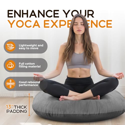 32 Inch Round Floor Pillow, Large Thick Meditation Cushion for Adults with Velvet Cover, Supportive Floor Seating for Yoga Lounge Living Room, 13 Inch Thick Padding, Grey