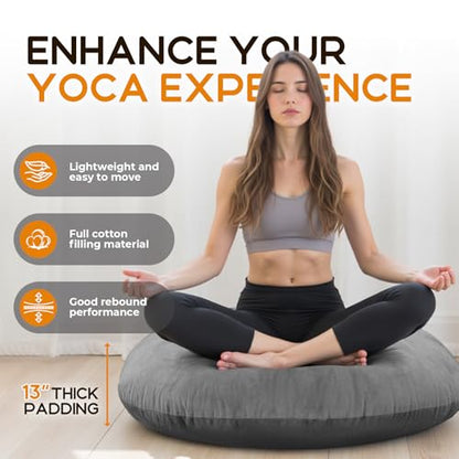 32 Inch Round Floor Pillow, Large Thick Meditation Cushion for Adults with Velvet Cover, Supportive Floor Seating for Yoga Lounge Living Room, 13 Inch Thick Padding, Grey