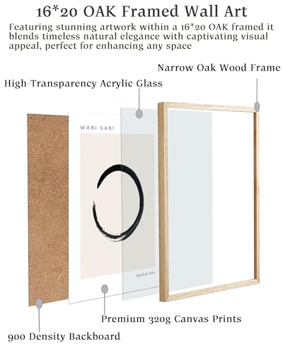 EcoHest Framed Wall Art Zen Buddhism Wabi Sabi Abstract Enso Symbol, 16x20 in OAK Wood Minimalist Japandi Ink Stroke Canvas Wall Art, Mindfulness Meditation Bedroom Set of 1 For Living Room