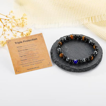 Gnamy Crystal Bracelet Gifts for Men Him- Triple Protection Hematite Black Obsidian Tiger Eye Gemstone Beaded Bracelets Birthday Healing Jewelry Gifts - style: Style 4