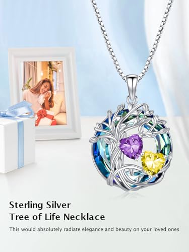 TOUPOP s925 Sterling Silver Family Celtic Tree of Life Pendant Necklaces with 2 Heart Birthstone with Blue Austrian Crystal Jewelry Birthday Valentines Day Gifts for Her, Anniversary Christmas Gifts for Wife Girlfriend Mom (18K Real White Gold Filled) - c