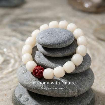 White Jade Bodhi Seed Bracelet for Women Healing Anxiety Relief Jewelry - Natural Bodhi Seeds with Red Lion Amulet - Spiritual Yoga & Meditation Gift for Her