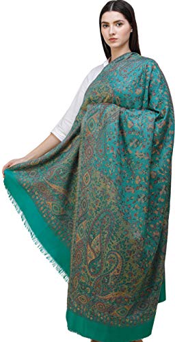 Exotic India Reversible Jamawar Shawl with Woven Paisleys - Wool - color: Proud Peacock