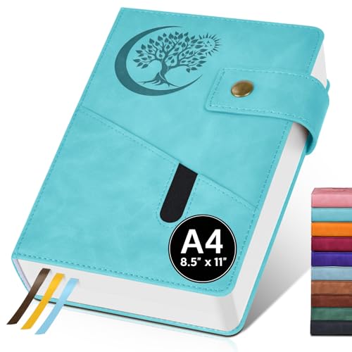 PAIBAS A4 Leather Lined Journal Notebook, 8.5"x11" 366 Pages 100GSM College Ruled Hardcover Diary with 3 Ribbon Bookmarks, Brass Snap & Front Pocket, Journals for Writing Work Travel Men Women - color: Blue, size: A4 (8.5" x 11")
