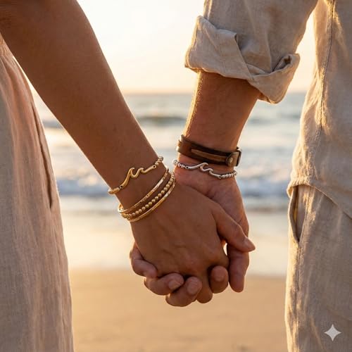 Wave Bar Stainless Steel Bead Bracelets Set, Gold and Silver Tone Stretch Minimalist Jewelry for Women and Men