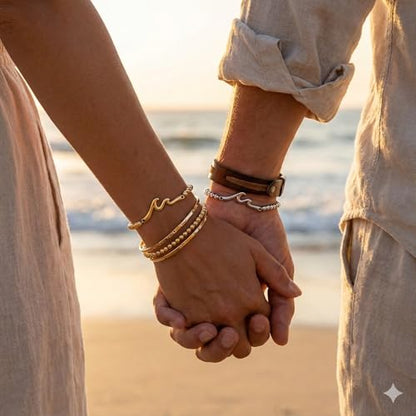 Wave Bar Stainless Steel Bead Bracelets Set, Gold and Silver Tone Stretch Minimalist Jewelry for Women and Men