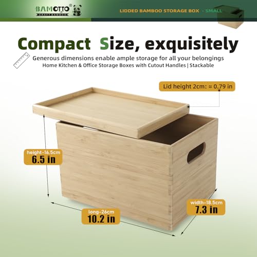 10.2”x7.3”x6.5” Lidded Storage Bins - Stackable Bamboo Box/Cube/Basket with Handles for Home Kitchen Office, Organize Tableware Clothing Toys Books