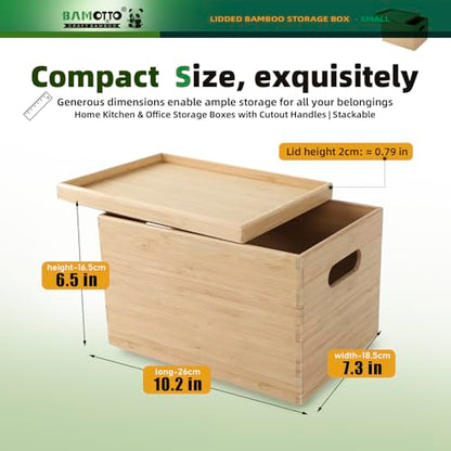 10.2”x7.3”x6.5” Lidded Storage Bins - Stackable Bamboo Box/Cube/Basket with Handles for Home Kitchen Office, Organize Tableware Clothing Toys Books